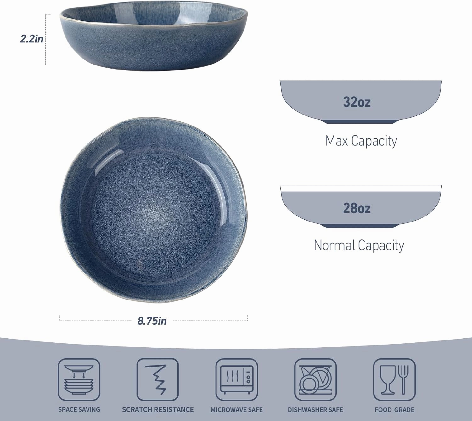famiware Aurora 8.75" Pasta Bowls, 32 oz Large Bowls for Kitchen, Salad, Soup, Irregular Stoneware Pasta Plates, Microwave&Dishwasher Safe, Reactive Glaze, Scractch-resistant, Lagoon Blue