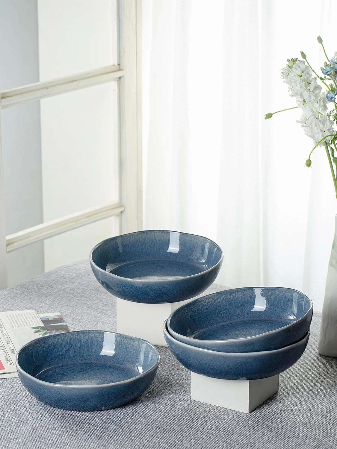 famiware Aurora 8.75" Pasta Bowls, 32 oz Large Bowls for Kitchen, Salad, Soup, Irregular Stoneware Pasta Plates, Microwave&Dishwasher Safe, Reactive Glaze, Scractch-resistant, Lagoon Blue