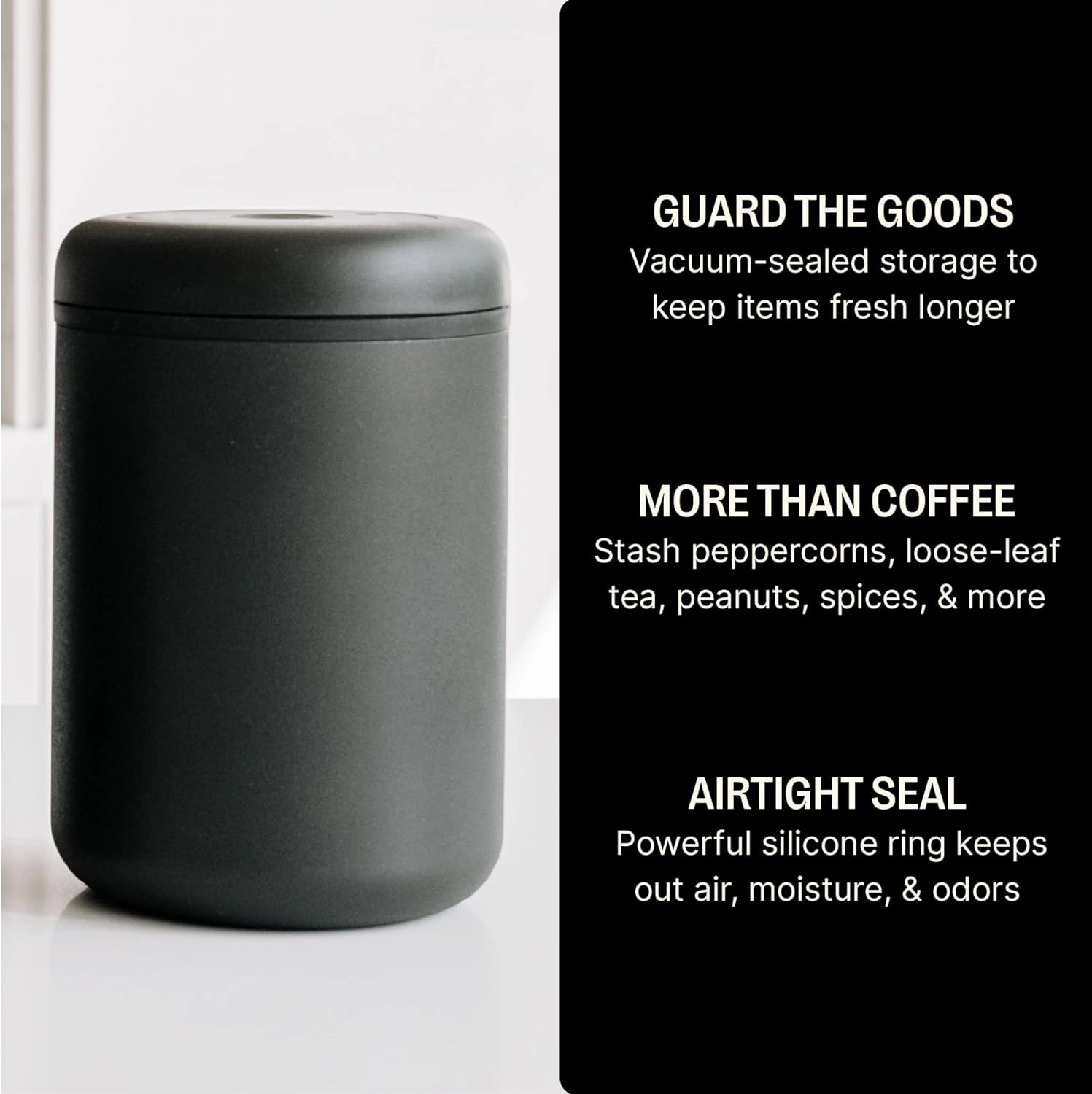 Fellow Atmos Vacuum Coffee Canister & Food Storage Container - 1.2 Liter Canister holds up to 16 oz of Coffee Beans - Airtight Food Storage Containers - Coffee Containers - 1.2 Liter - Matte Black
