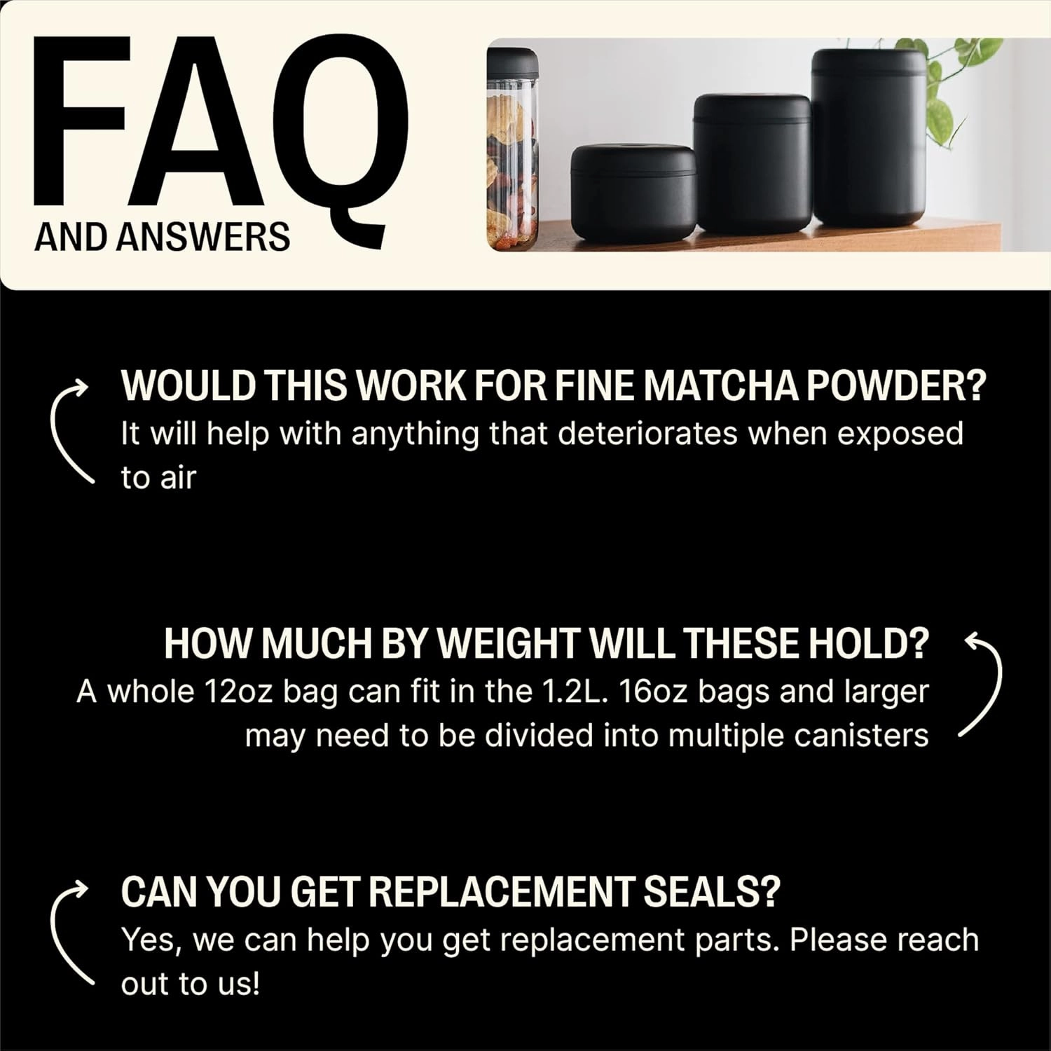 Fellow Atmos Vacuum Coffee Canister & Food Storage Container - 1.2 Liter Canister holds up to 16 oz of Coffee Beans - Airtight Food Storage Containers - Coffee Containers - 1.2 Liter - Matte Black