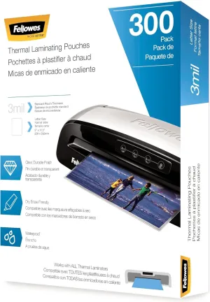 Fellowes Thermal Laminating Pouches, Letter Size Sheets, 3mil, 300 Pack, Clear (5247101)