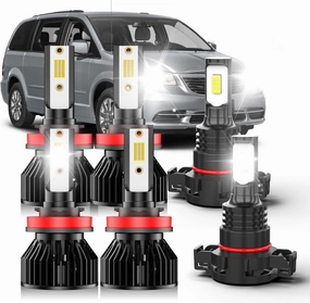 Fit For Chrysler Town & Country, (2010-2016) headlight bulbs led, H11 High & Low Beam Bulbs H16/5202 led fog light bulb,500% Brightness, 6000K White,Plug and play, IP68,with Fan,No Errors, 6-Pack