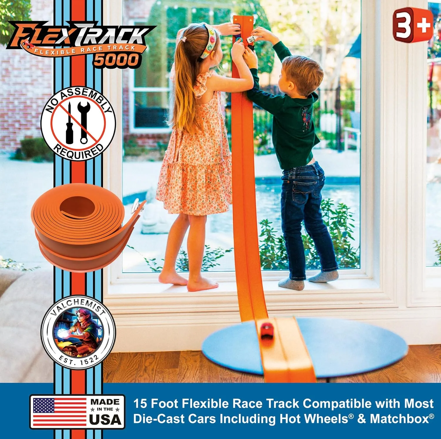 FlexTrack 5000 Orange Track for Toy Cars Flexible Race Track for Kids with Suction Cups Compatible with Hot Wheels Matchbox and Diecast 1/64th Car 15 Feet Long Rolls Up Portable Racetrack