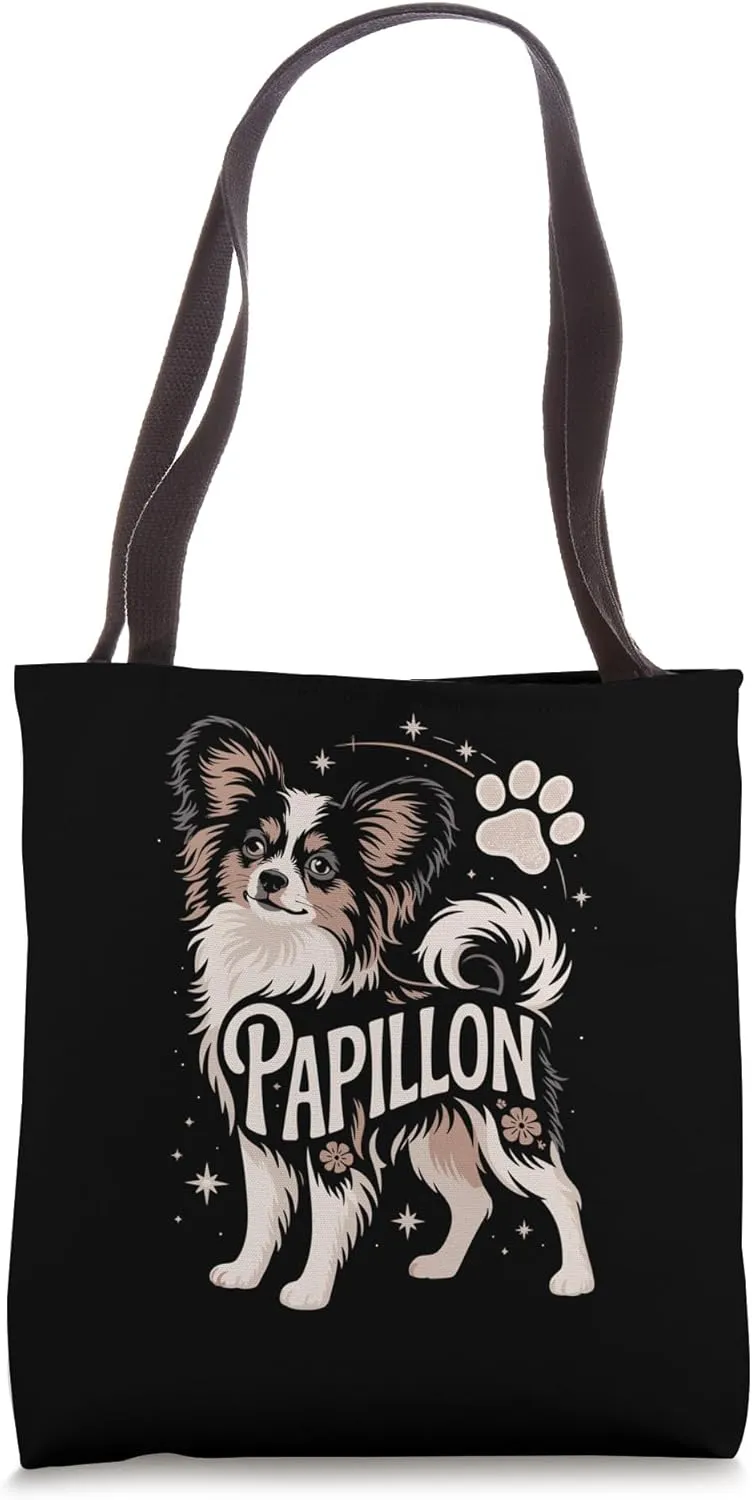 Floral Whimsical Papillon Dog Continental Toy Spaniel Tote Bag
