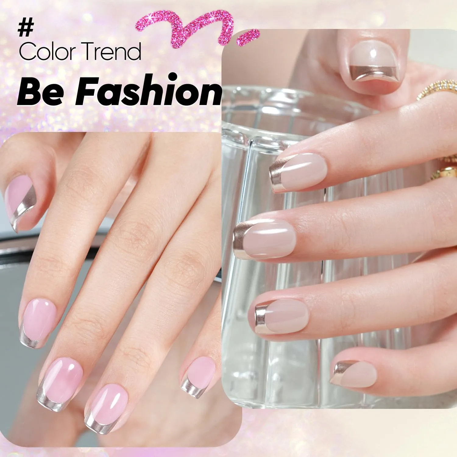 French Tip Press on Nails Short Kit Jofay Fashion Soft Gel Fake Nails 5 Styles with White&Silver& Gold&Aurora Chrome Pale Orange Cat eye, Gift False Nails Reusable Full Cover Stick on Nails, 32 Sizes