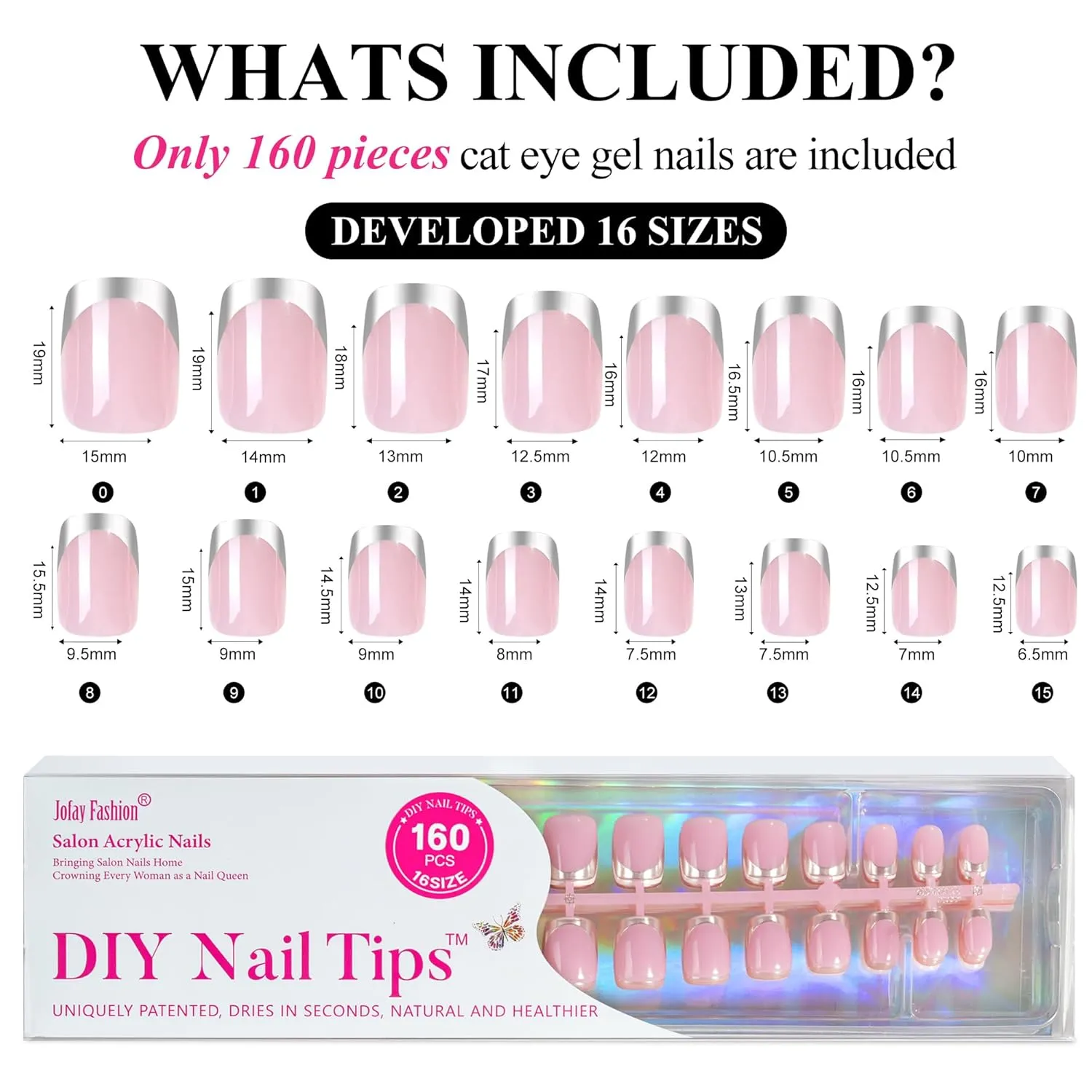 French Tip Press on Nails Short Kit Jofay Fashion Soft Gel Fake Nails 5 Styles with White&Silver& Gold&Aurora Chrome Pale Orange Cat eye, Gift False Nails Reusable Full Cover Stick on Nails, 32 Sizes