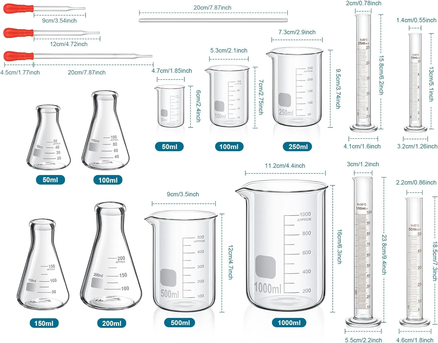 Frienda 50/100/250/500/1000ml Lab Glassware Include Graduated Cylinder, Glass Beaker Set, Glass Dropper, Stirring Rod, Measuring Cups for Laboratory Science Chemistry Supplies (20 Pcs)