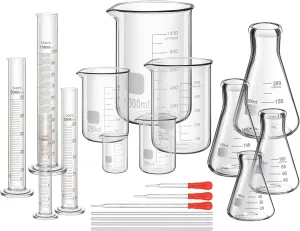 Frienda 50/100/250/500/1000ml Lab Glassware Include Graduated Cylinder, Glass Beaker Set, Glass Dropper, Stirring Rod, Measuring Cups for Laboratory Science Chemistry Supplies (20 Pcs)
