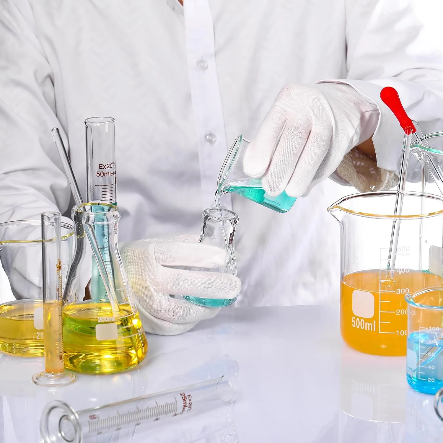 Frienda 50/100/250/500/1000ml Lab Glassware Include Graduated Cylinder, Glass Beaker Set, Glass Dropper, Stirring Rod, Measuring Cups for Laboratory Science Chemistry Supplies (20 Pcs)