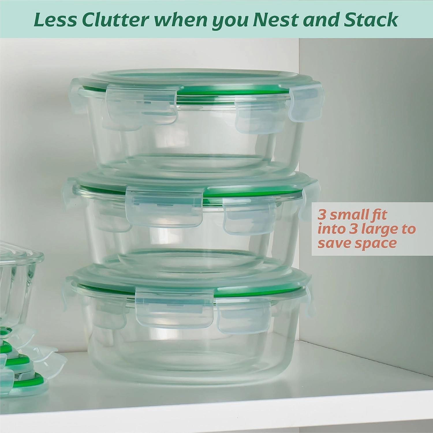 Fusion Gourmet Round Glass Storage Containers with Lids [6 pack] Microwave Safe, Leak-proof, Dishwasher Safe, Oven Safe for Meal Prep Tupperware Set (3 Large   3 Small, Green)