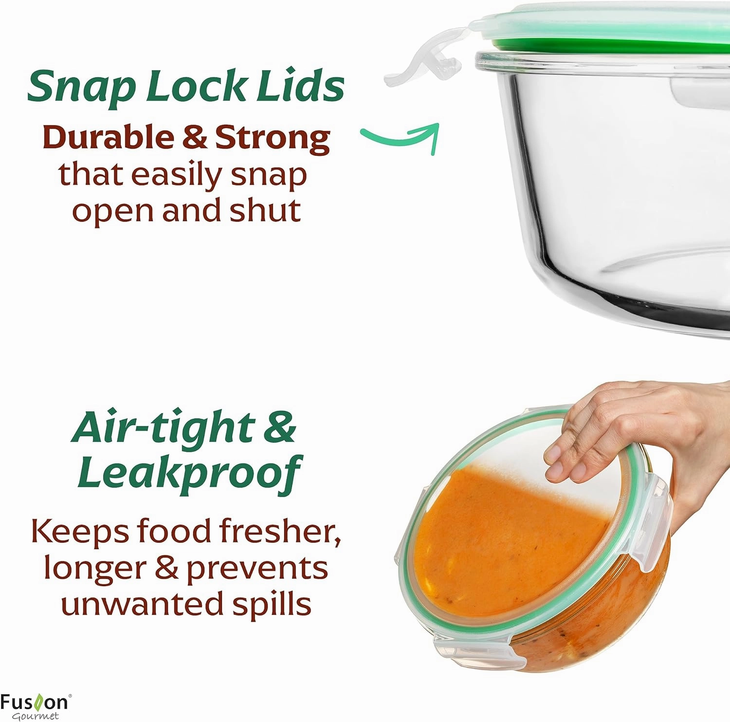 Fusion Gourmet Round Glass Storage Containers with Lids [6 pack] Microwave Safe, Leak-proof, Dishwasher Safe, Oven Safe for Meal Prep Tupperware Set (3 Large   3 Small, Green)