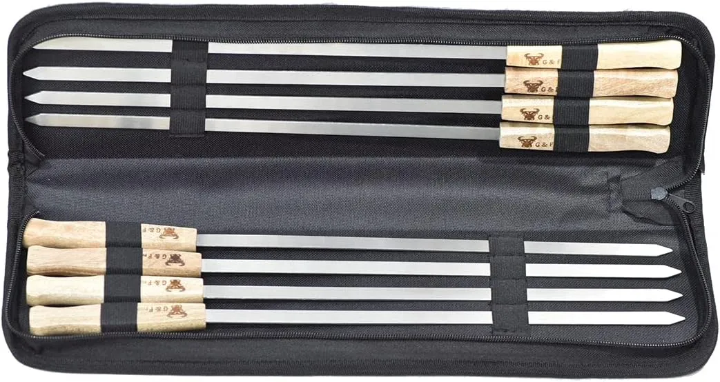 G & F Products Brazilian BBQ Skewers, Stainless Steel Kabob Sticks, 17-Inch Flat Blade, Heavy-Duty Hardwood Handles, Set of 8, Reusable, Commercial-Grade for Grilling Meat & Kebab, Outdoor Cooking