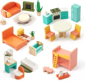 Giant bean 26 Pcs Large Wooden Dollhouse Furniture 5 Set for Kitchen, Living Room, Bedroom, Bathroom, Babyroom, Candy Dollhouse Accessories & Furniture Toy for Girls Boys Kids 3 