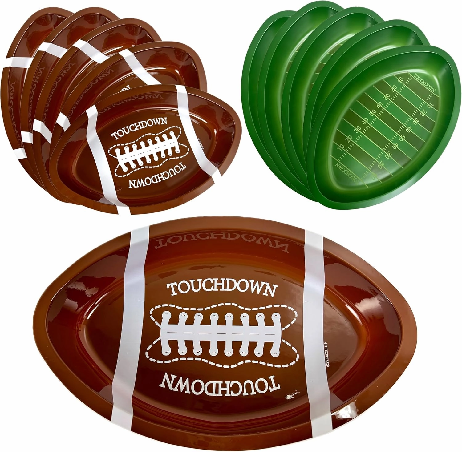 GiftExpress 30 Pack Plastic Football Serving Trays, Green and Brown Color, Modern Style, Football Shaped Serving Tray, Game Day Party