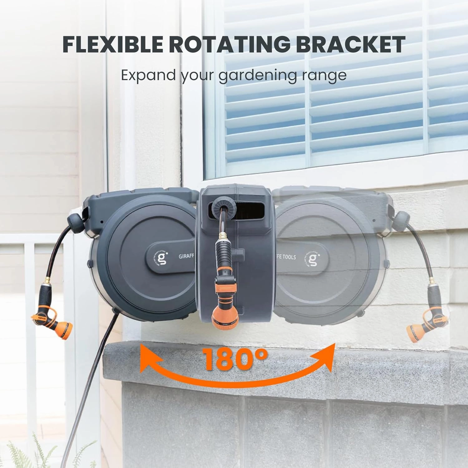 Giraffe Tools AW30 Garden Hose Reel Retractable 1/2" x 100 ft Wall Mounted Water Hose Reel Automatic Rewind, Any Length Lock, 100 ft, Dark Grey