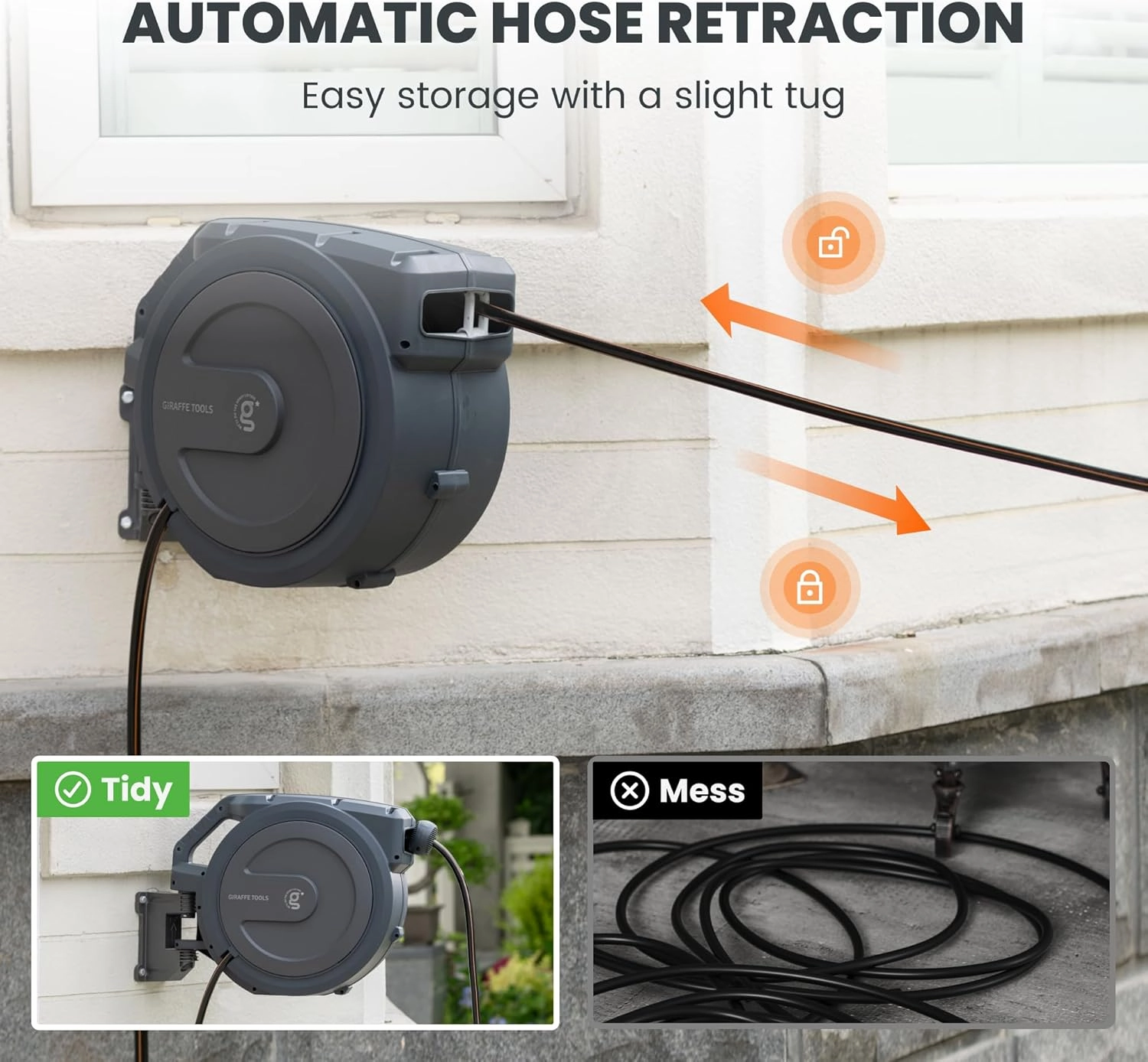 Giraffe Tools AW30 Garden Hose Reel Retractable 1/2" x 100 ft Wall Mounted Water Hose Reel Automatic Rewind, Any Length Lock, 100 ft, Dark Grey