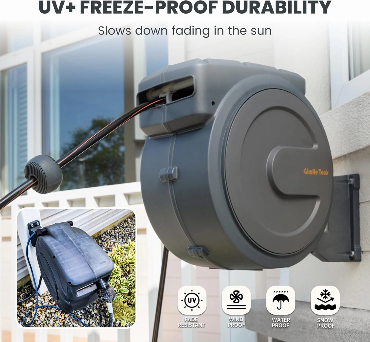 Giraffe Tools AW30 Garden Hose Reel Retractable 1/2" x 100 ft Wall Mounted Water Hose Reel Automatic Rewind, Any Length Lock, 100 ft, Dark Grey