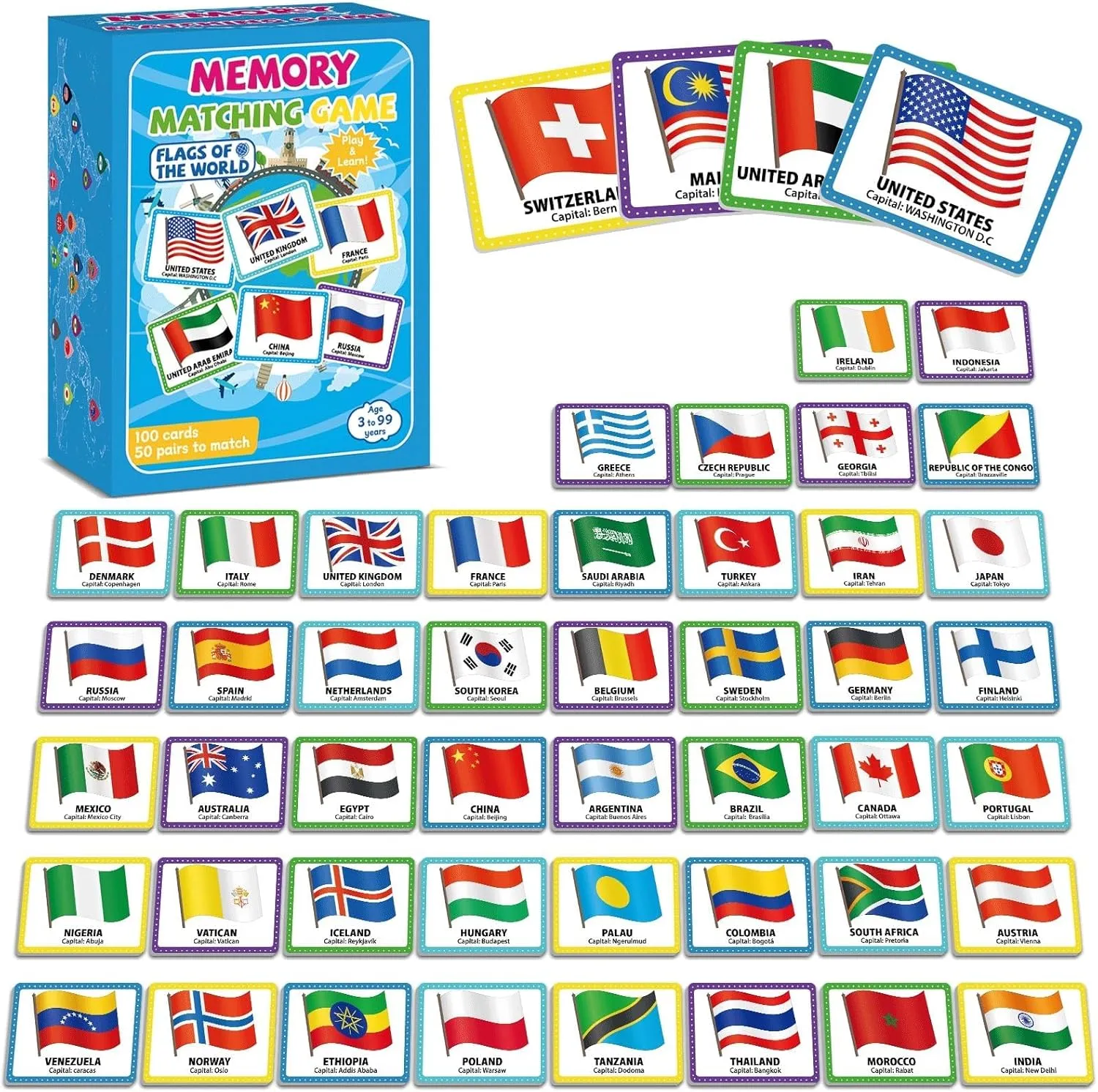 gisgfim 50 Pairs Memory Matching Game Flags of The World Concentration Memory Card for Kids and Adults Learning Educational A Fun & Fast Countries of The World Matching Games