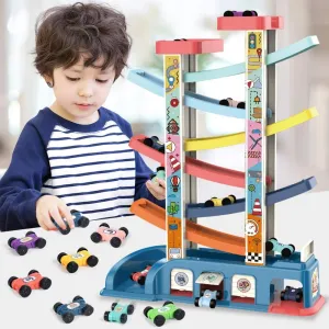 Gliding Toy Toddler Car Ramp Race Track With 6 Ramps 8 Mini Cars - Zig Zag Slide Racing Toys Gifts for Kids Boys Girls 3 4 5 6