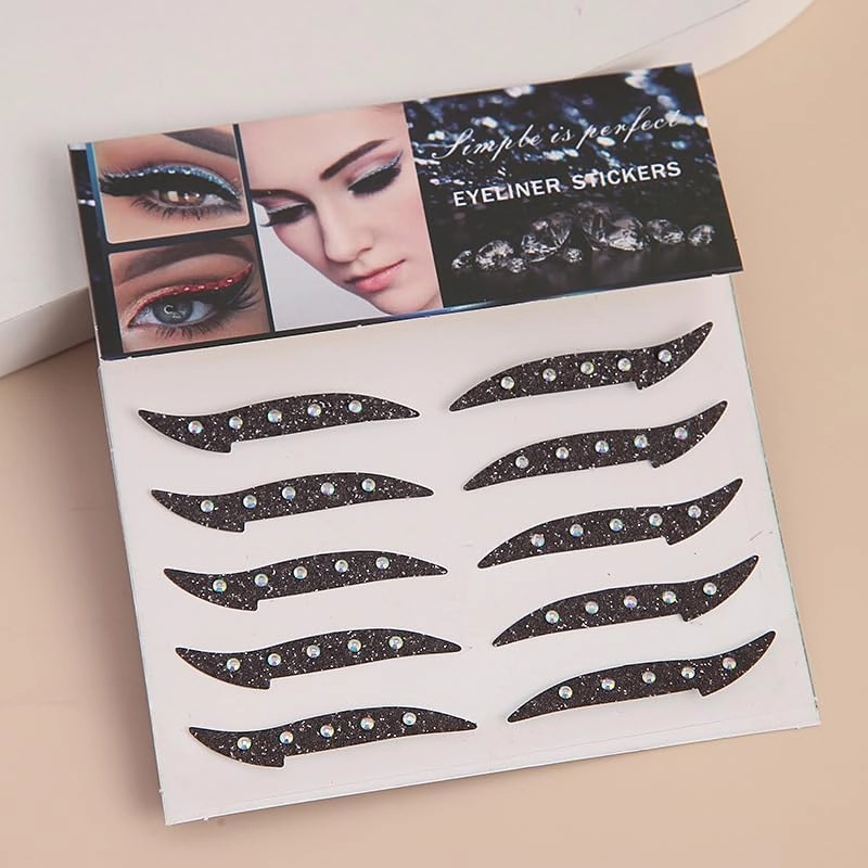 Glitter Eyeliner Stickers with Rhinestones Adhesive Eye Line Strip Reusable Eyeshadow Stickers,Eyeliner Sticker (Green, 5 Pairs)