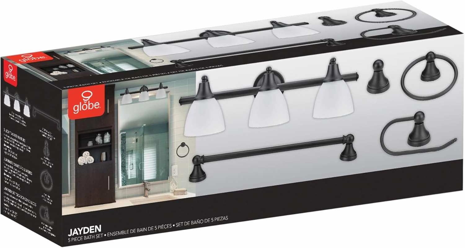 Globe Electric 51227 Jayden 5-Piece All-In-One Bathroom Set, Oil Rubbed Bronze, 3-Light Vanity Light with Frosted Glass Shades, Towel Bar, Toilet Paper Holder, Towel Ring, Robe Hook, Bulb Not Included