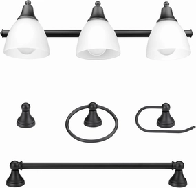 Globe Electric 51227 Jayden 5-Piece All-In-One Bathroom Set, Oil Rubbed Bronze, 3-Light Vanity Light with Frosted Glass Shades, Towel Bar, Toilet Paper Holder, Towel Ring, Robe Hook, Bulb Not Included