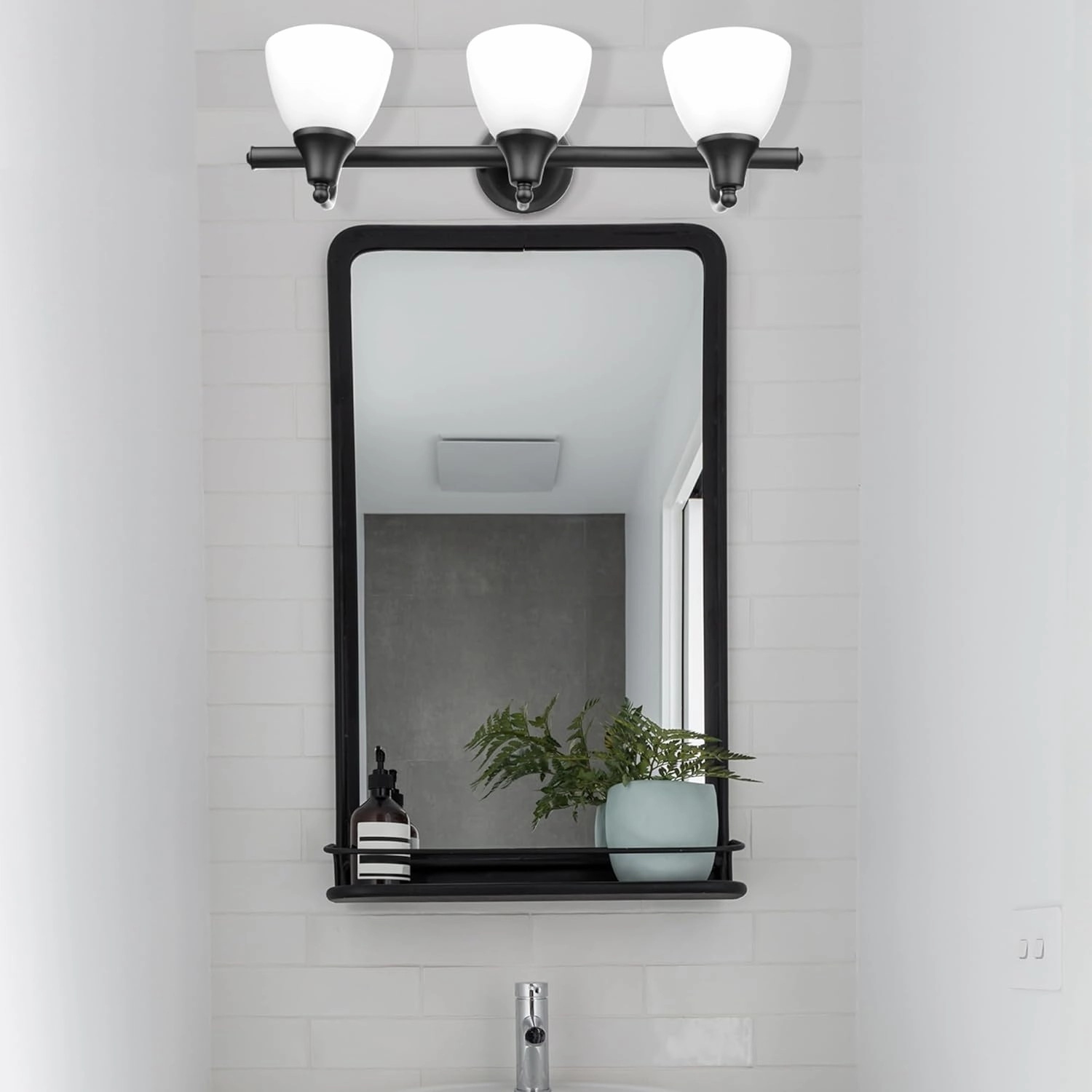 Globe Electric 51227 Jayden 5-Piece All-In-One Bathroom Set, Oil Rubbed Bronze, 3-Light Vanity Light with Frosted Glass Shades, Towel Bar, Toilet Paper Holder, Towel Ring, Robe Hook, Bulb Not Included