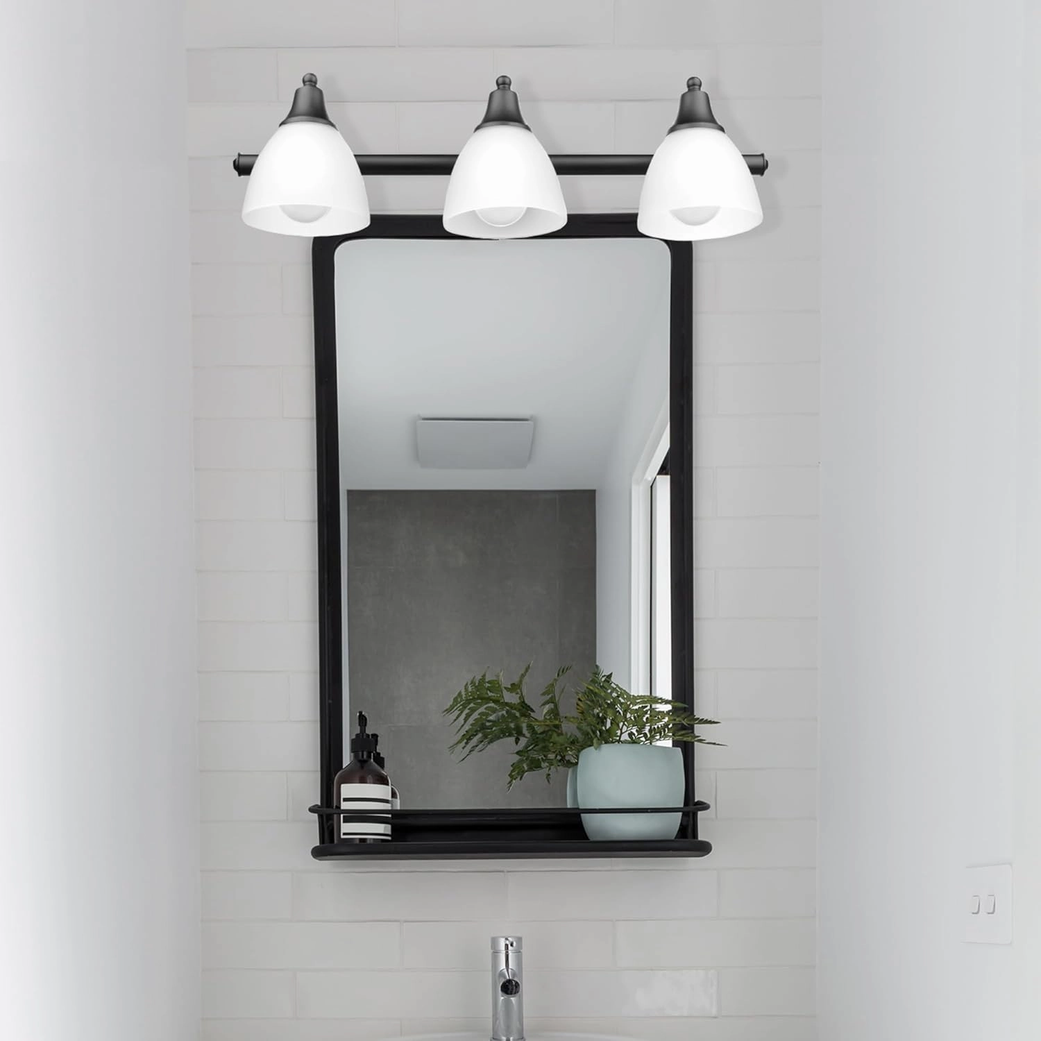 Globe Electric 51227 Jayden 5-Piece All-In-One Bathroom Set, Oil Rubbed Bronze, 3-Light Vanity Light with Frosted Glass Shades, Towel Bar, Toilet Paper Holder, Towel Ring, Robe Hook, Bulb Not Included