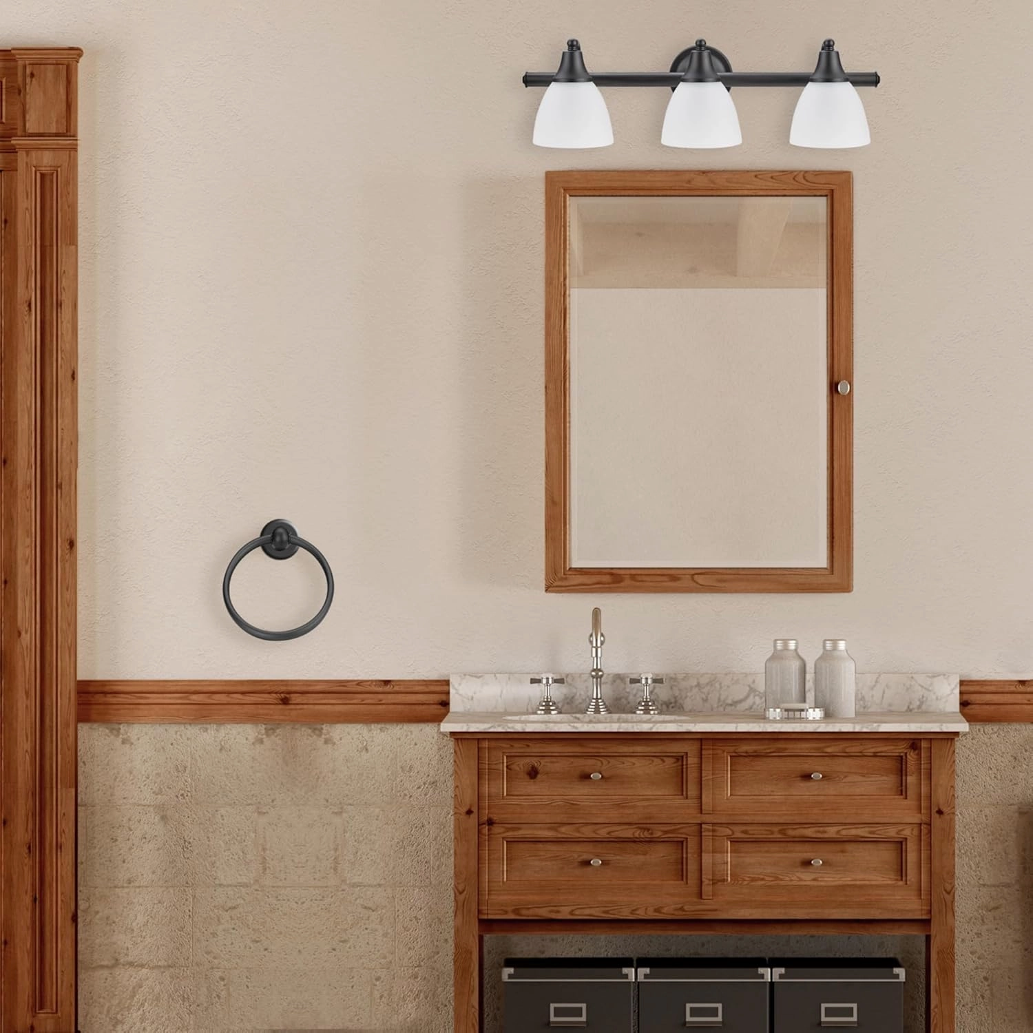 Globe Electric 51227 Jayden 5-Piece All-In-One Bathroom Set, Oil Rubbed Bronze, 3-Light Vanity Light with Frosted Glass Shades, Towel Bar, Toilet Paper Holder, Towel Ring, Robe Hook, Bulb Not Included