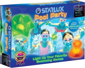 Glow in The Dark Pool Toys: Starlux Pool Party Set – Up Pool Games for Kids | Ages 8 , 1-8 Players | Swimming Bracelets, Floating Lights & Diving Gems | 10 Play Options | Reusable & Eco Friendly