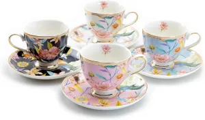 Grace Teaware 4 Assorted Color Spring Flowers with Hummingbird Fine Porcelain Tea Cup and Saucer Sets, Pink, Blue, Black and White
