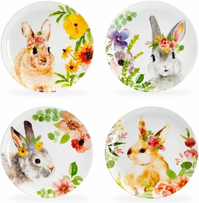 Grace Teaware 8.5" Flower Bunnies Assorted Design Salad Dessert Plate Set of 4