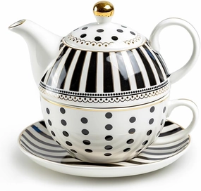 Grace Teaware Black Josephine Stripes and Dots Fine Porcelain Tea For One Set, Regular, Black/White