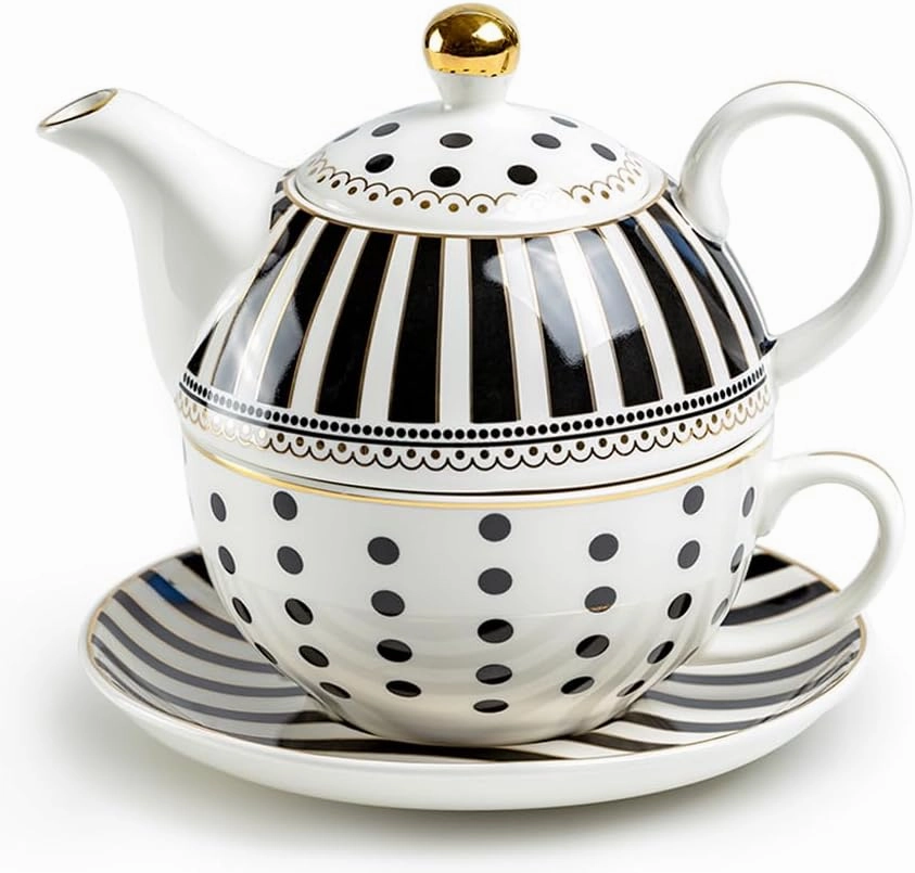 Grace Teaware Black Josephine Stripes and Dots Fine Porcelain Tea For One Set, Regular, Black/White