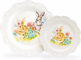Grace Teaware Flower Bunny Scallop Pottery 8.5" Salad   11" Dinner Plate Set