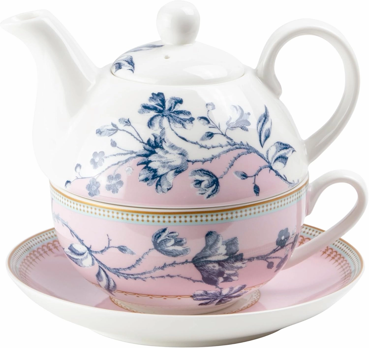 Grace Teaware Porcelain 4-Piece Tea For One (Blue Rose Pink)