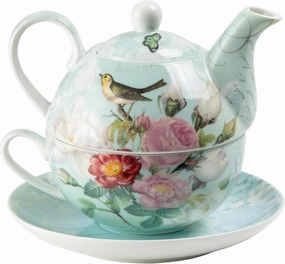 Grace Teaware Porcelain 4-Piece Tea For One (Botanical Blue Bird)