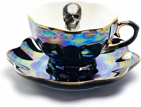 Grace Teaware Skull Black Gold Luster Tea Cup and Saucer with Gold Trim