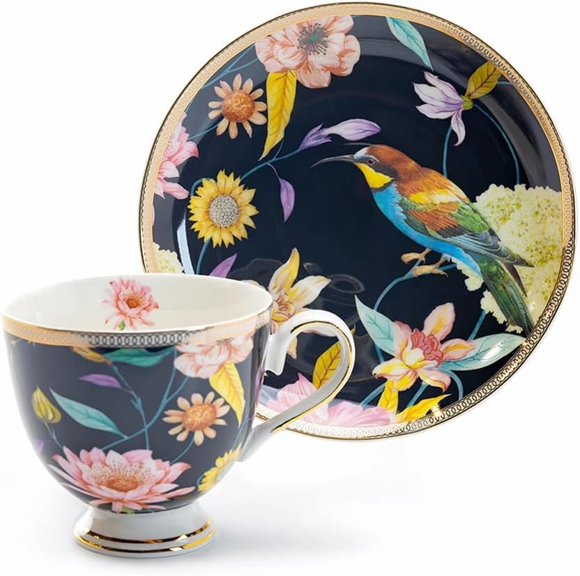 Grace Teaware Spring Flowers with Hummingbird Fine Porcelain Tea Cup and Saucer (Black), Regular
