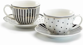 Grace Teaware Stripes and Dots Fine Porcelain Cup and Saucer Set of 2 (Black), Regular