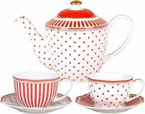 Gracie China by Coastline Imports Red Polka Dots Stripes Tea Set, 44-Ounce / 9-Ounce
