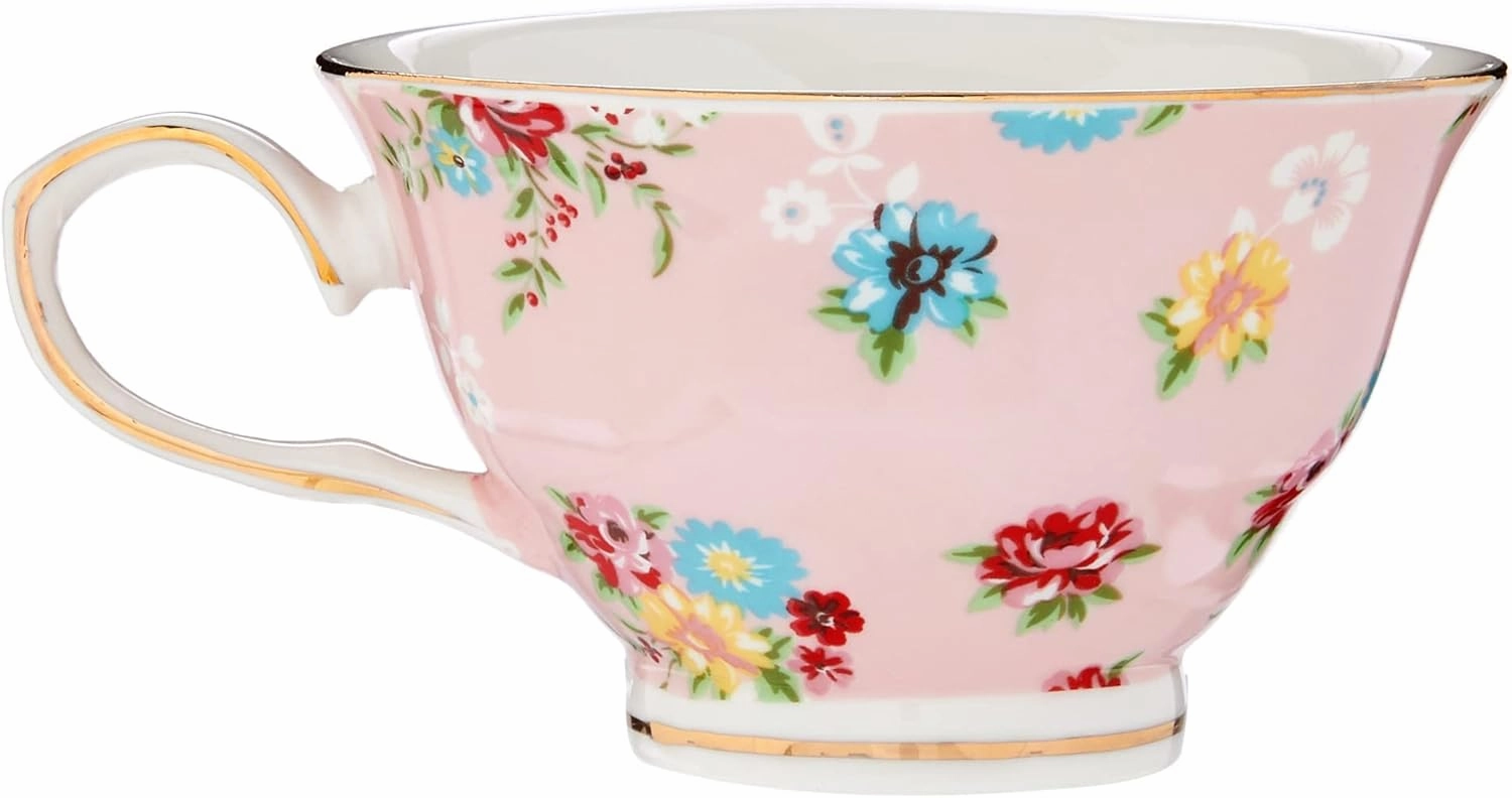 Gracie China by Coastline Imports Shabby Rose Set of 4 Teacup and Saucer, 7-Ounce, Pink Floral