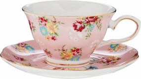 Gracie China by Coastline Imports Shabby Rose Set of 4 Teacup and Saucer, 7-Ounce, Pink Floral