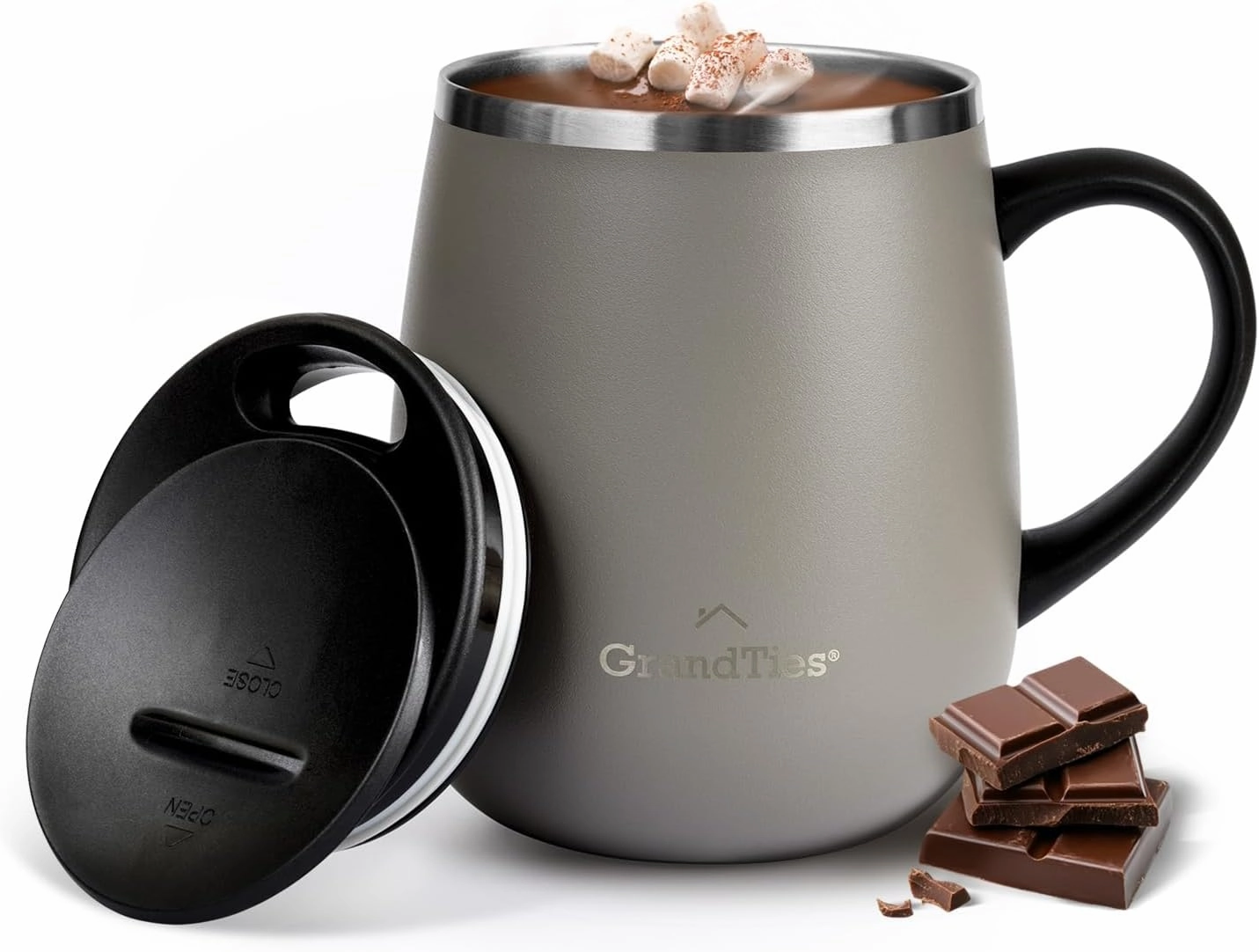 GRANDTIES Insulated Coffee Mug with Handle- Sliding Lid for Splash-Proof 16 oz Wine Glass Shape Thermal Tumbler with Double Walled Vacuum Stainless Steel to Keeps Beverages Hot or Cold-Caffe Latte
