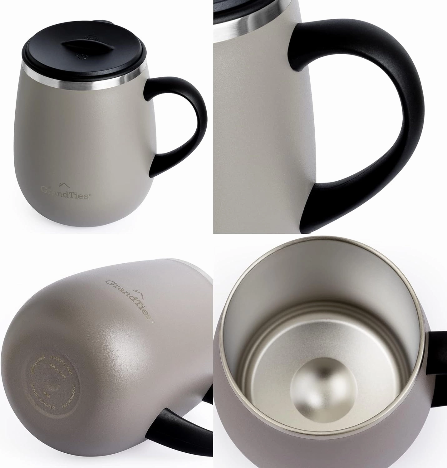 GRANDTIES Insulated Coffee Mug with Handle- Sliding Lid for Splash-Proof 16 oz Wine Glass Shape Thermal Tumbler with Double Walled Vacuum Stainless Steel to Keeps Beverages Hot or Cold-Caffe Latte