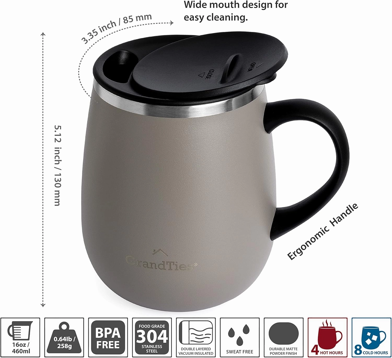 GRANDTIES Insulated Coffee Mug with Handle- Sliding Lid for Splash-Proof 16 oz Wine Glass Shape Thermal Tumbler with Double Walled Vacuum Stainless Steel to Keeps Beverages Hot or Cold-Caffe Latte