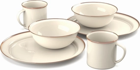 GSI Outdoors Mesa 2-Person Enamelware Dining Set 6-Pieces – Cream with Bronze-Finished Stainless Steel Rim, Dishwasher Safe