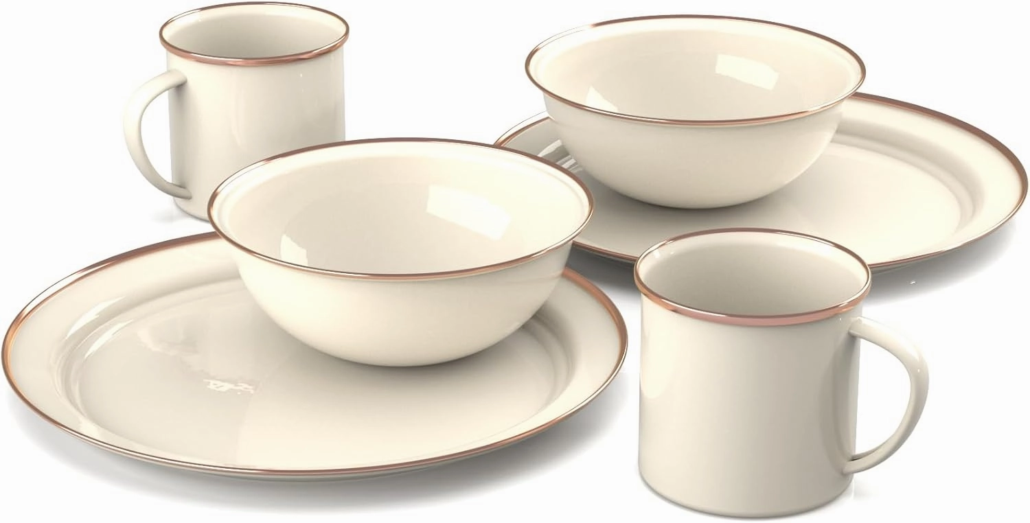 GSI Outdoors Mesa 2-Person Enamelware Dining Set 6-Pieces – Cream with Bronze-Finished Stainless Steel Rim, Dishwasher Safe