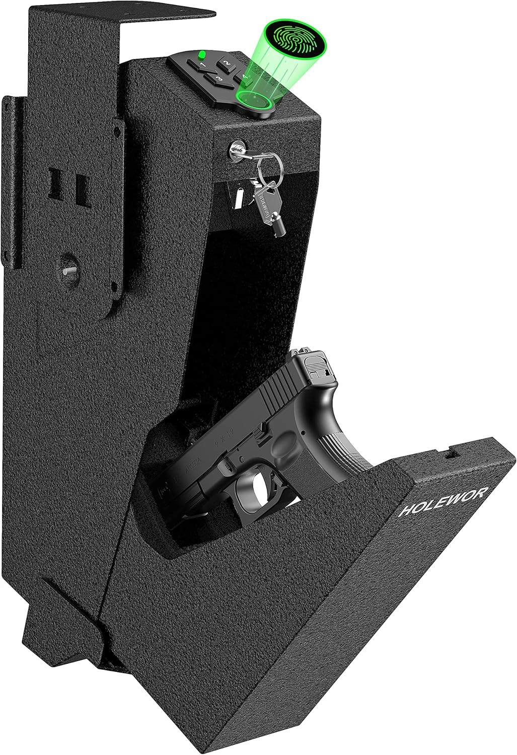 Gun Safe, Biometric Gun Safe for Handgun Drop Down Pistol Safe Mounted Single Handgun Safe with Fingerprint, Passcode, Key Access for Nightstand, Desk, Bedside