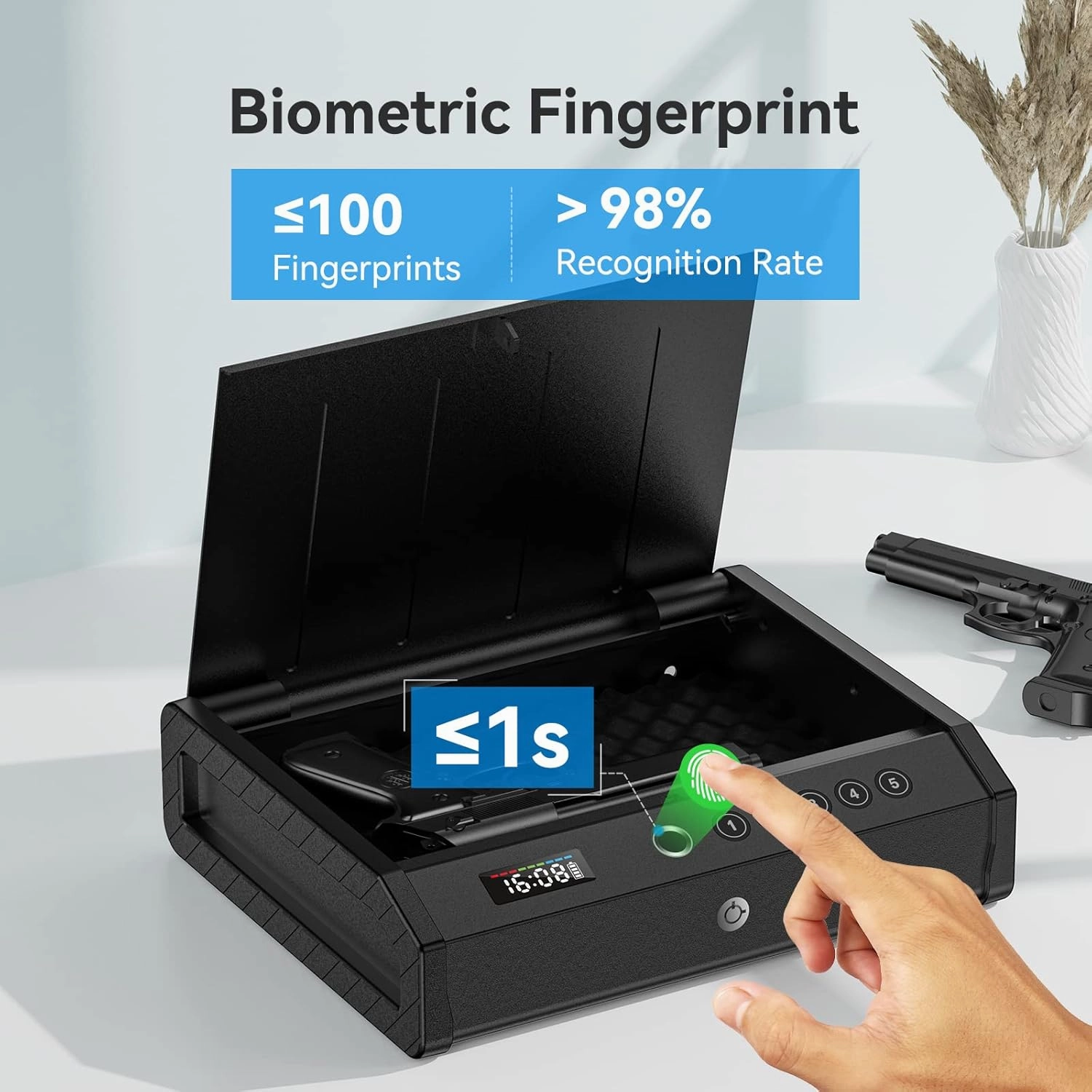 Gun Safe, Biometric Gun Safes for Pistols with LCD Display of Temperature Humidity, Fingerprint Quick Access Pistol Safe Solid Handgun Safe